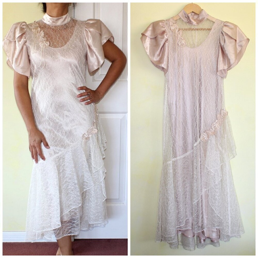 Vtg Cachet by Bari Protas Midi Lace Dress Floral Beaded 9/10 Champagne Victorian